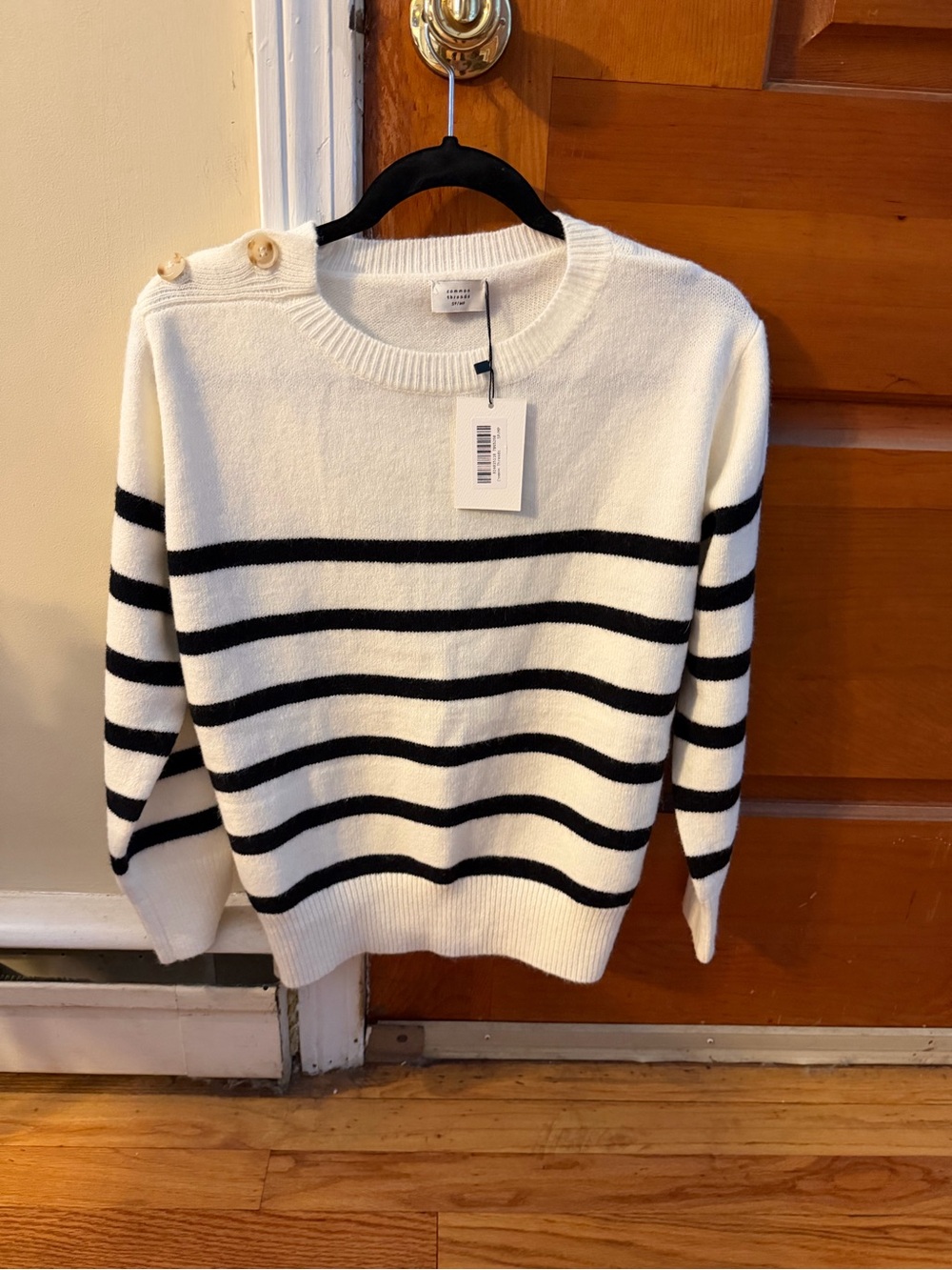 Striped Button-Shoulder Crewneck Sweater - White & Black
